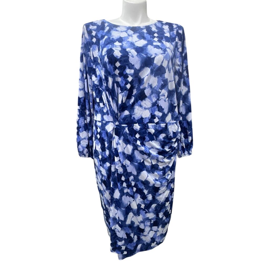 London Times Watercolor Twist Front Sheath Dress Women's 22W Blue NWOT